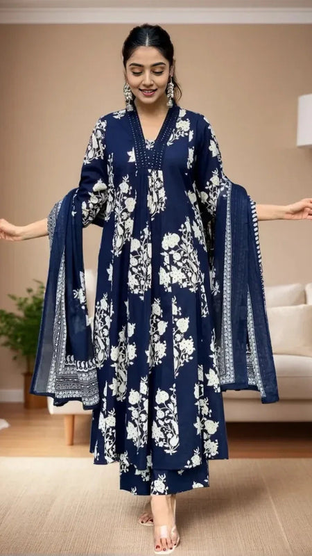 Ebbani Women’s Cotton Motifs Navy Blue A-Line Kurta Set with Dupatta