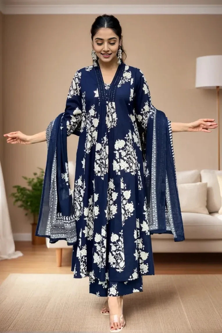 Ebbani Women’s Cotton Motifs Navy Blue A-Line Kurta Set with Dupatta
