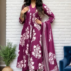 Ebbani Women’s Cotton Motifs Wine A-Line Kurta Set with Dupatta