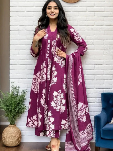 Ebbani Women’s Cotton Motifs Wine A-Line Kurta Set with Dupatta