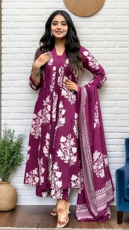 Ebbani Women’s Cotton Motifs Wine A-Line Kurta Set with Dupatta