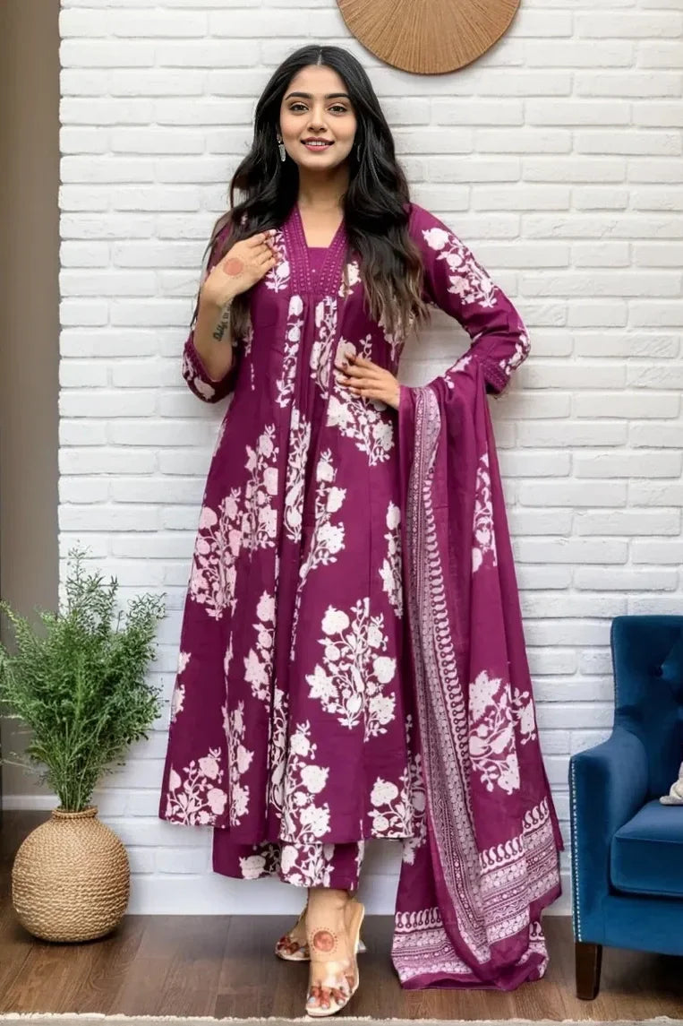 Ebbani Women’s Cotton Motifs Wine A-Line Kurta Set with Dupatta