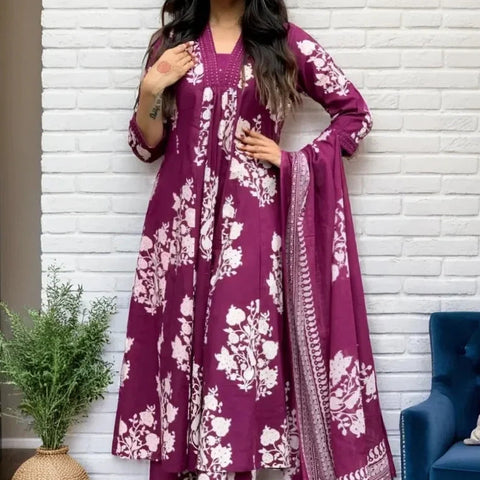 Ebbani Women’s Cotton Motifs Wine A-Line Kurta Set with Dupatta