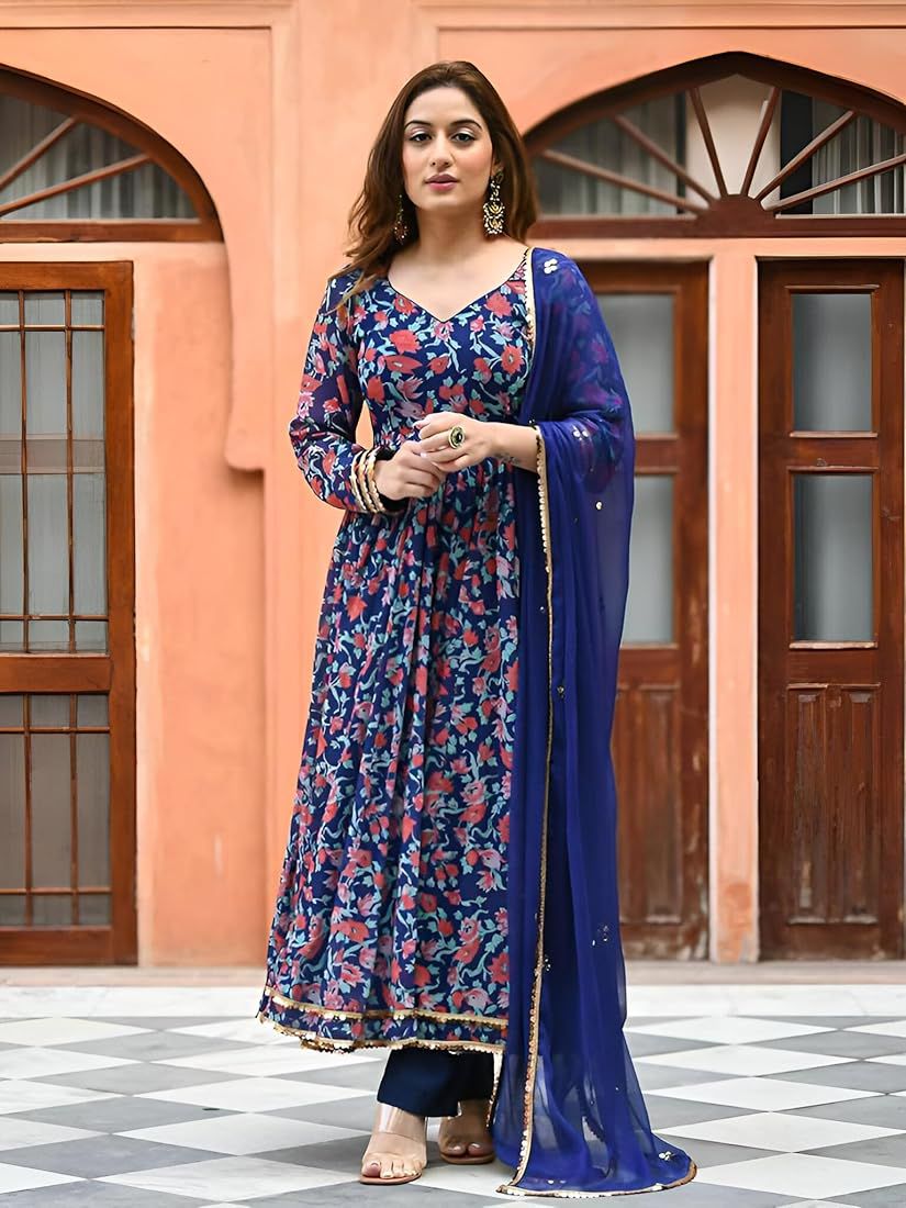 Ebbani Women’s Viscose Floral Blue Anarkali Kurta Set with Dupatta