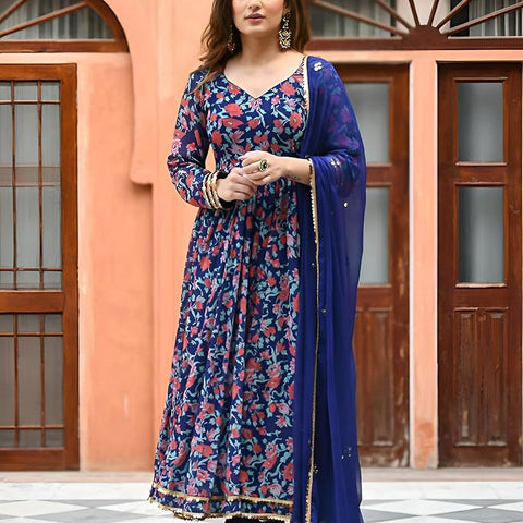 Ebbani Women’s Viscose Floral Blue Anarkali Kurta Set with Dupatta
