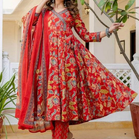 Ebbani Women’s Pure Cotton Red Floral Kurta Set with Pants & Dupatta
