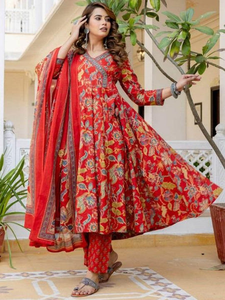 Ebbani Women’s Pure Cotton Red Floral Kurta Set with Pants & Dupatta