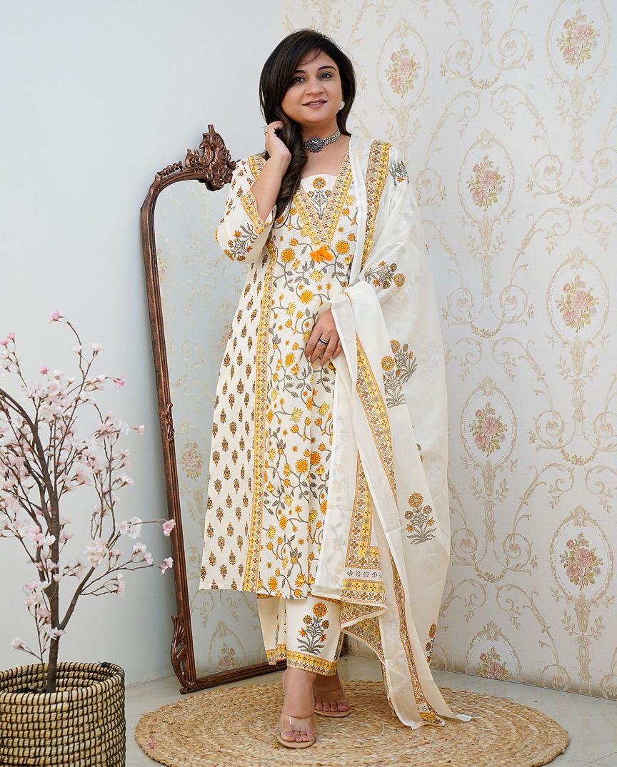 Ebbani Women’s Cotton Floral White Orange Kurta Set with Dupatta