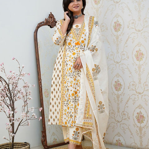 Ebbani Women’s Cotton Floral White Orange Kurta Set with Dupatta