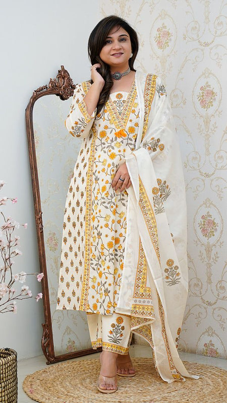 Ebbani Women’s Cotton Floral White Orange Kurta Set with Dupatta