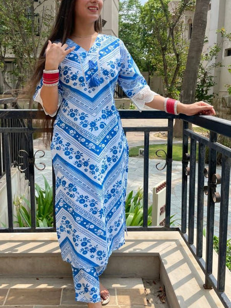 Ebbani Women’s Cotton Printed Blue Co-ords Set
