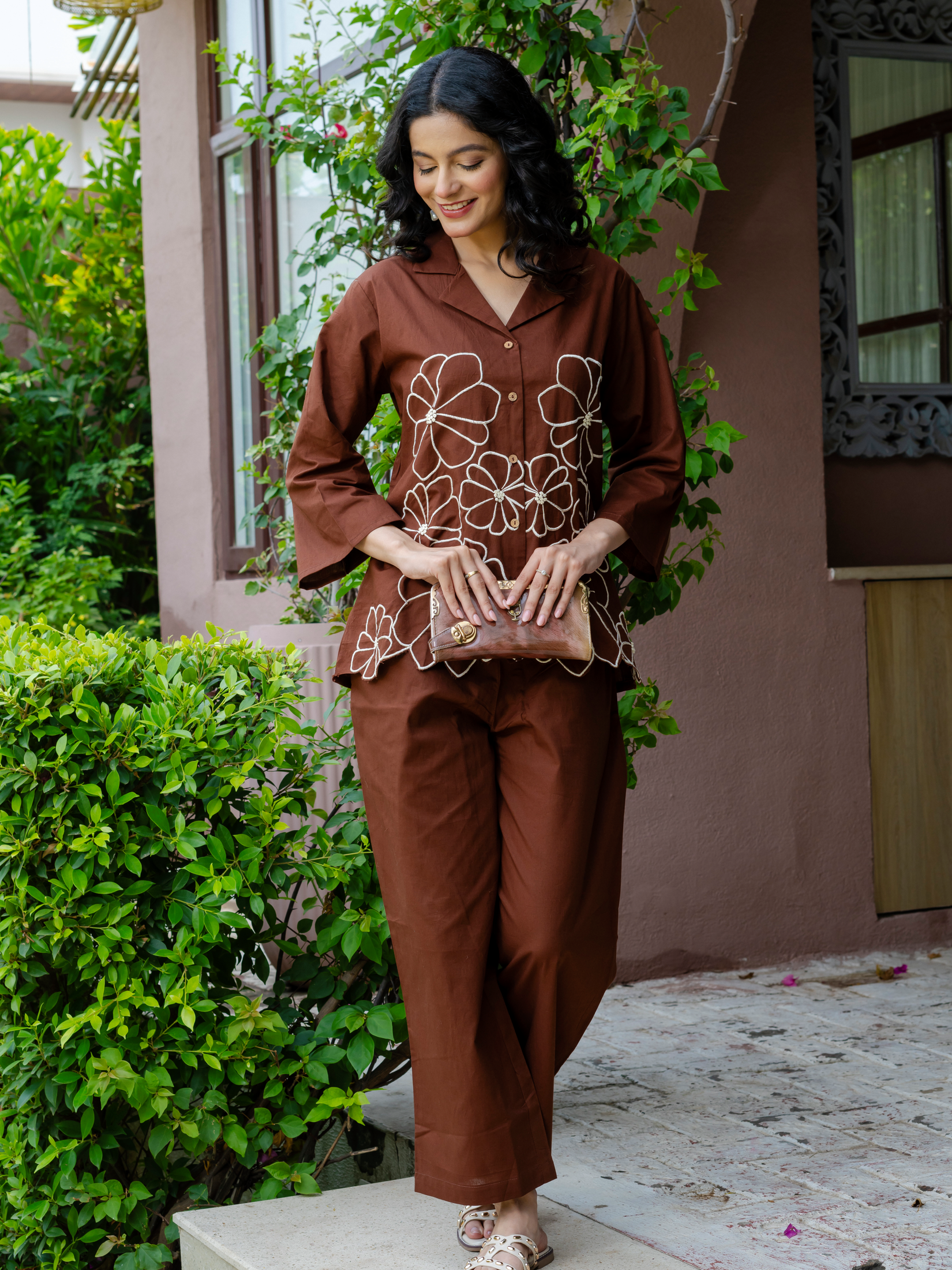 Women Brown Embroidered Thread Work Pure Cotton coord set with cutwork
