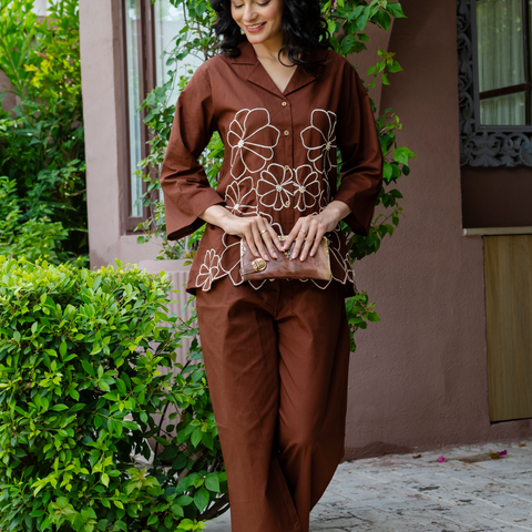 Women Brown Embroidered Thread Work Pure Cotton coord set with cutwork