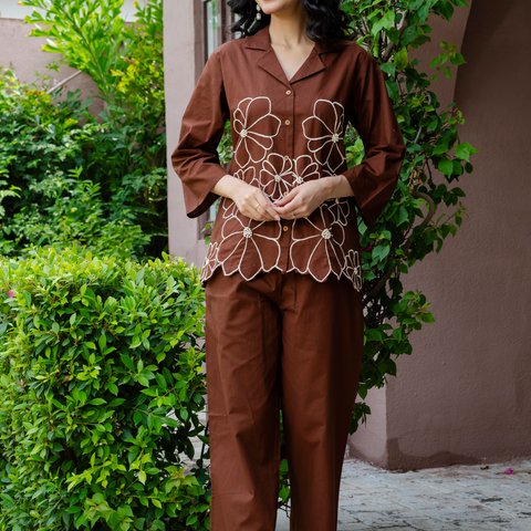 Women Brown Embroidered Thread Work Pure Cotton coord set with cutwork