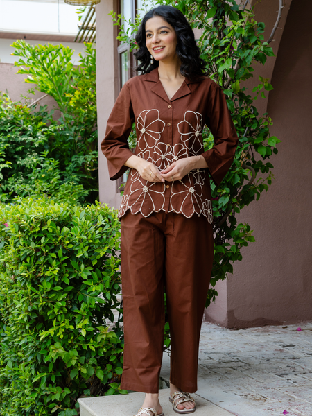 Women Brown Embroidered Thread Work Pure Cotton coord set with cutwork