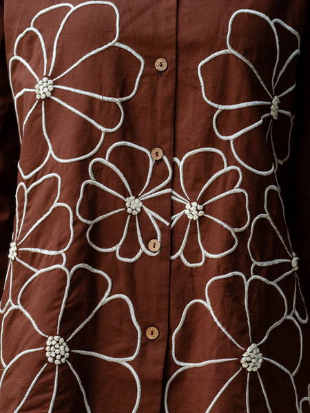 Women Brown Embroidered Thread Work Pure Cotton coord set with cutwork