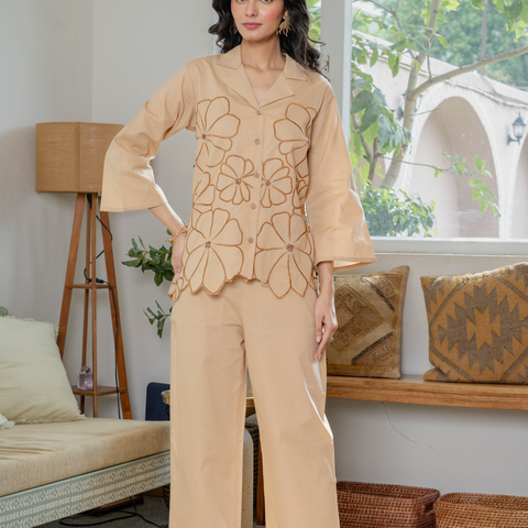 Women Beige Embroidered Thread Work Pure Cotton coord set with cutwork