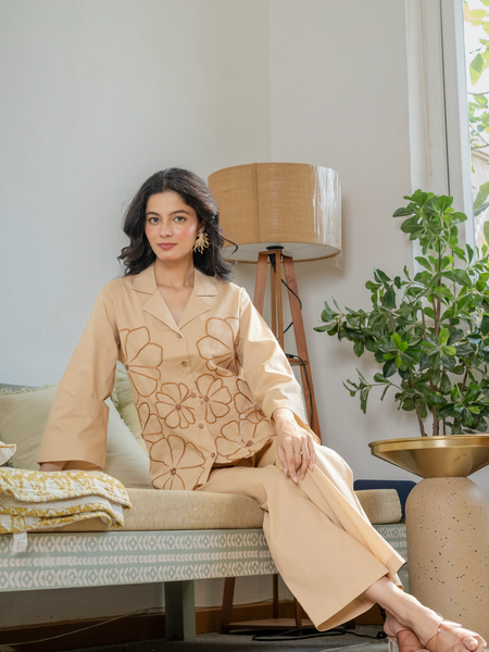 Women Beige Embroidered Thread Work Pure Cotton coord set with cutwork