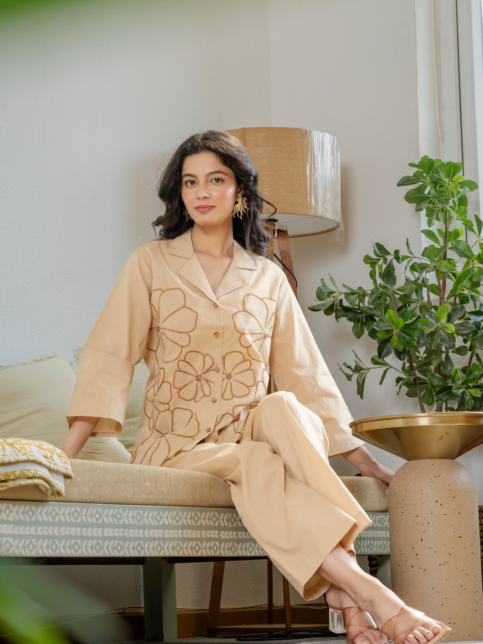 Women Beige Embroidered Thread Work Pure Cotton coord set with cutwork