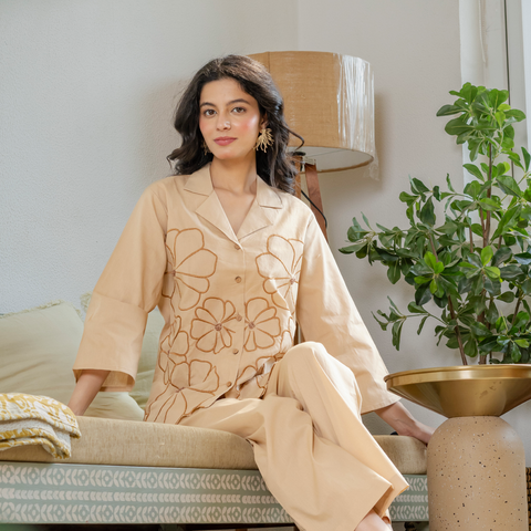 Women Beige Embroidered Thread Work Pure Cotton coord set with cutwork