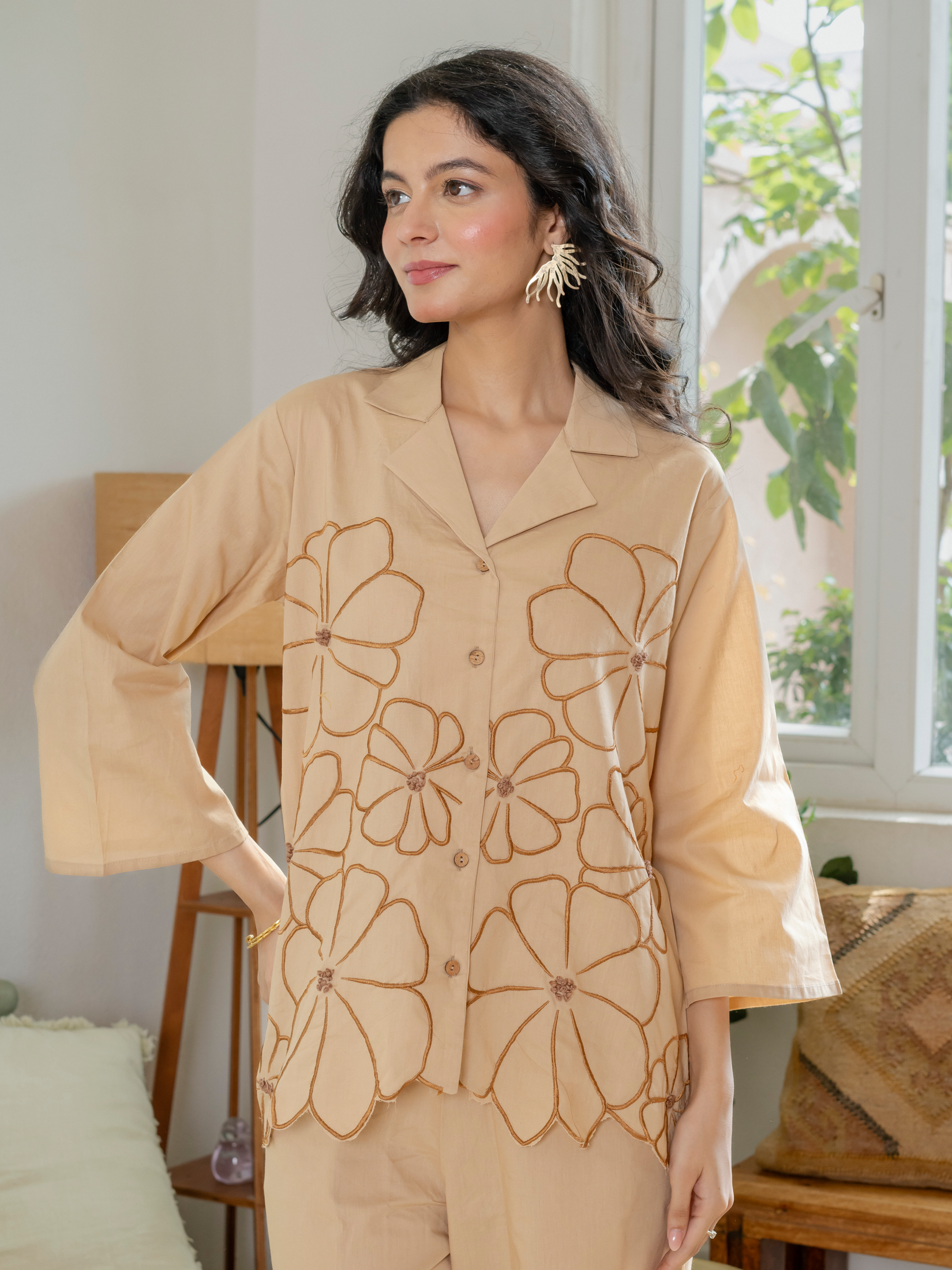 Women Beige Embroidered Thread Work Pure Cotton coord set with cutwork