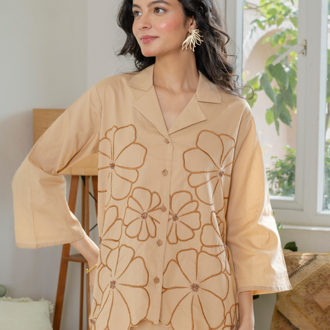 Women Beige Embroidered Thread Work Pure Cotton coord set with cutwork