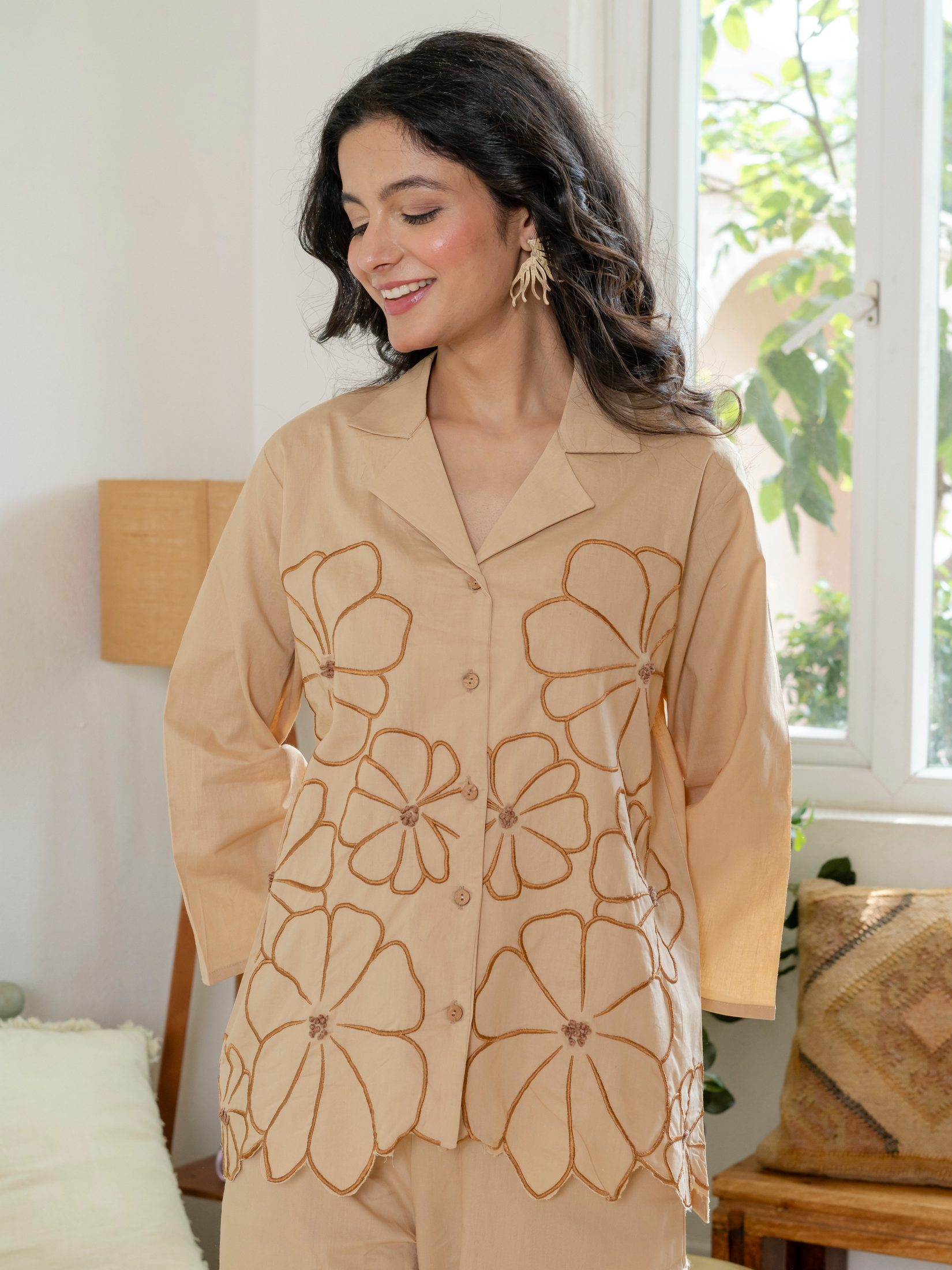 Women Beige Embroidered Thread Work Pure Cotton coord set with cutwork