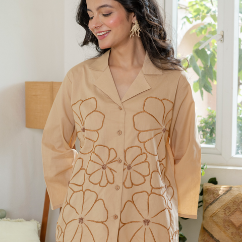 Women Beige Embroidered Thread Work Pure Cotton coord set with cutwork