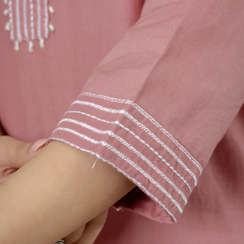 Women Onion Pink  Embroidered Thread Work Pure Cotton Kurta with Trousers