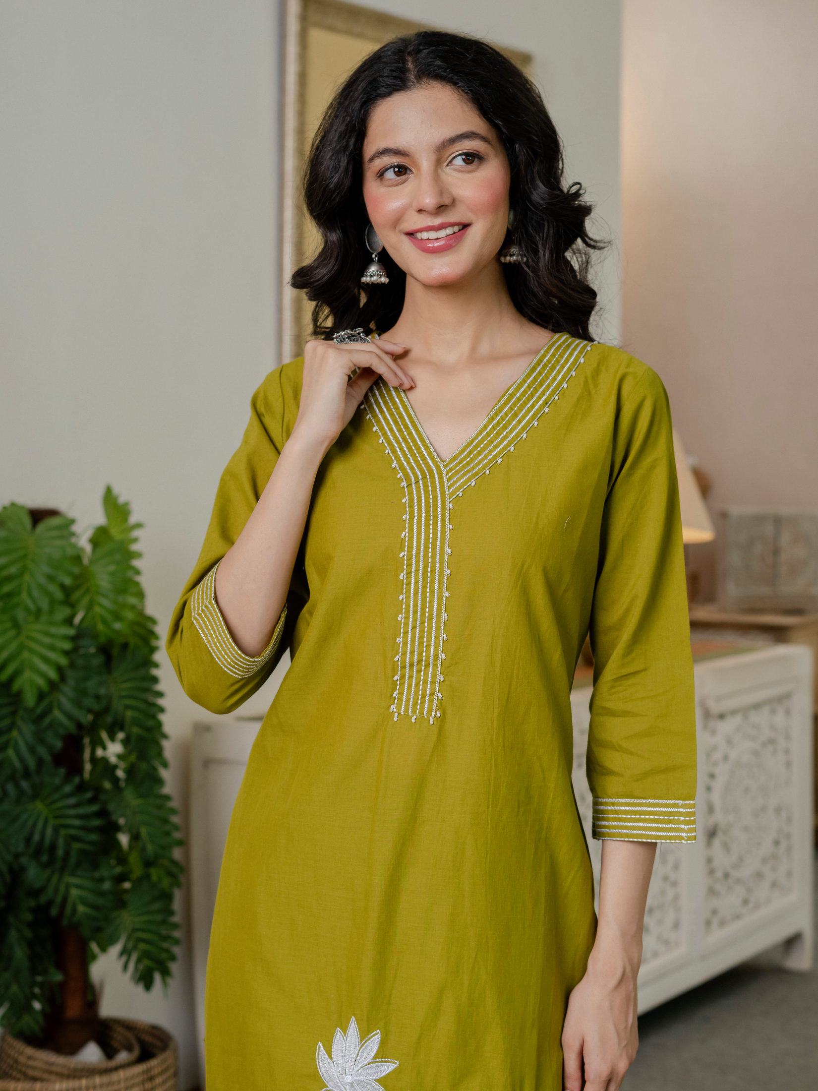 Women lime green  Embroidered Thread Work Pure Cotton Kurta with Trousers