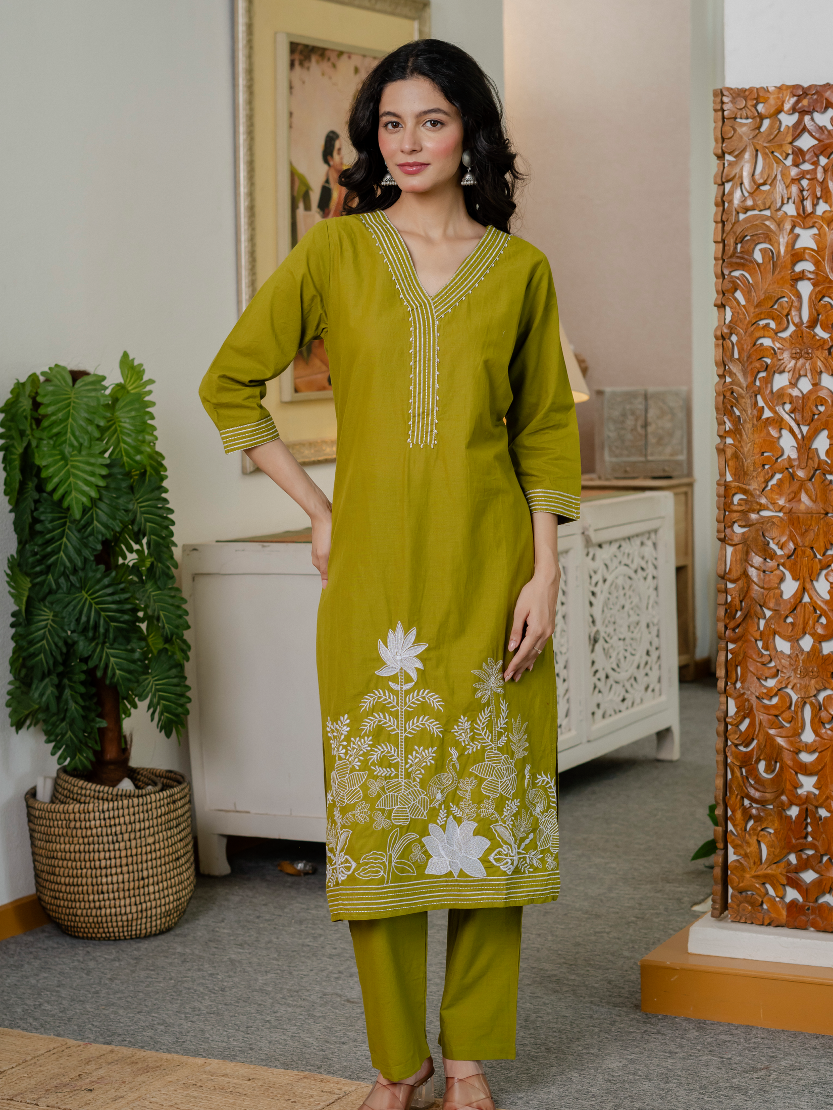 Women lime green  Embroidered Thread Work Pure Cotton Kurta with Trousers