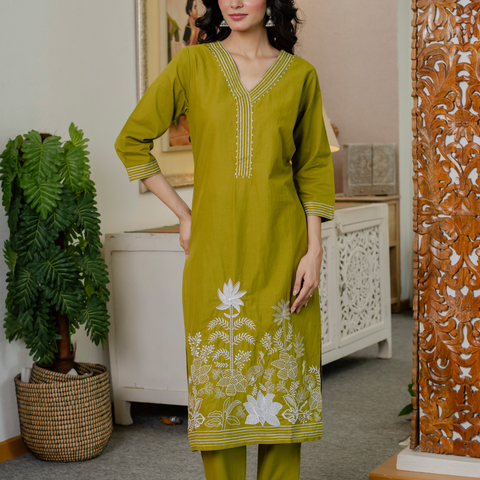 Women lime green  Embroidered Thread Work Pure Cotton Kurta with Trousers