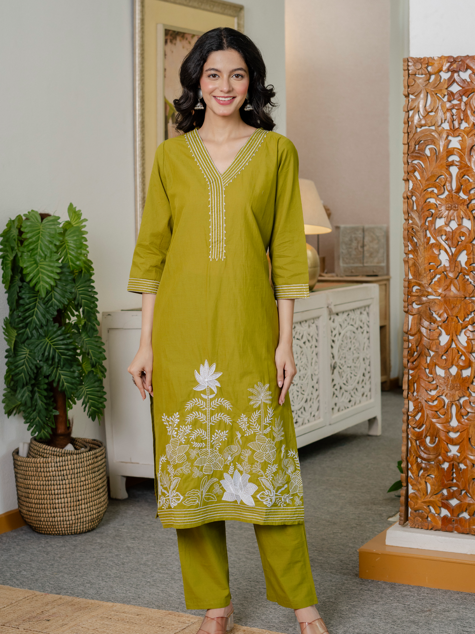 Women lime green  Embroidered Thread Work Pure Cotton Kurta with Trousers