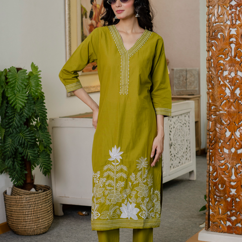 Women lime green  Embroidered Thread Work Pure Cotton Kurta with Trousers