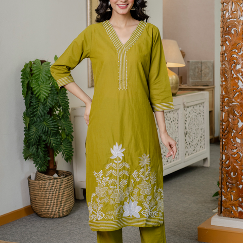 Women lime green  Embroidered Thread Work Pure Cotton Kurta with Trousers