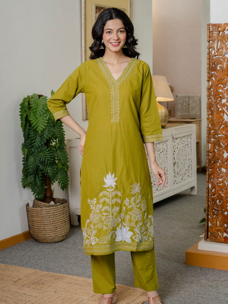 Women lime green  Embroidered Thread Work Pure Cotton Kurta with Trousers