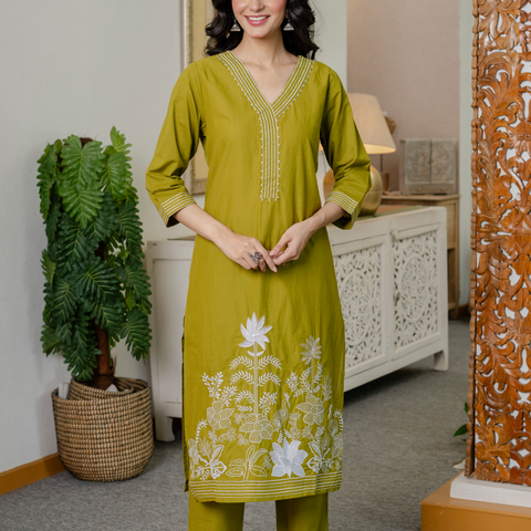 Women lime green  Embroidered Thread Work Pure Cotton Kurta with Trousers