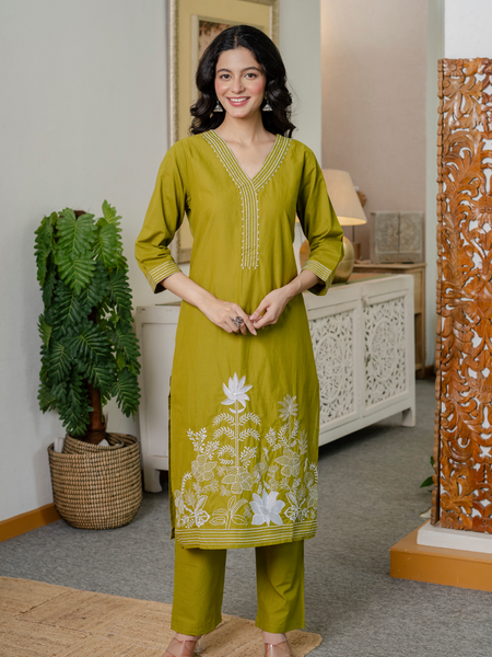 Women lime green  Embroidered Thread Work Pure Cotton Kurta with Trousers