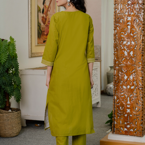 Women lime green  Embroidered Thread Work Pure Cotton Kurta with Trousers