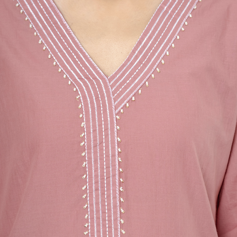Women Onion Pink  Embroidered Thread Work Pure Cotton Kurta with Trousers