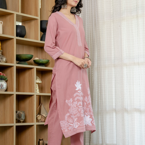 Women Onion Pink  Embroidered Thread Work Pure Cotton Kurta with Trousers