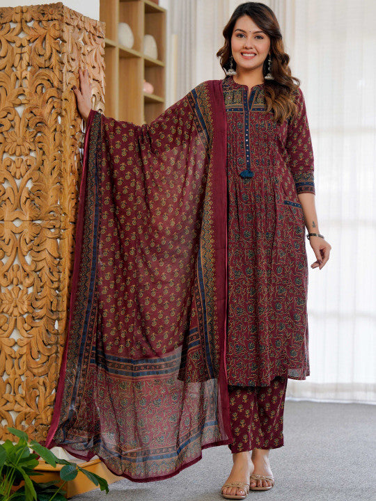 Cotton Motifs Kurta Set with Dupatta