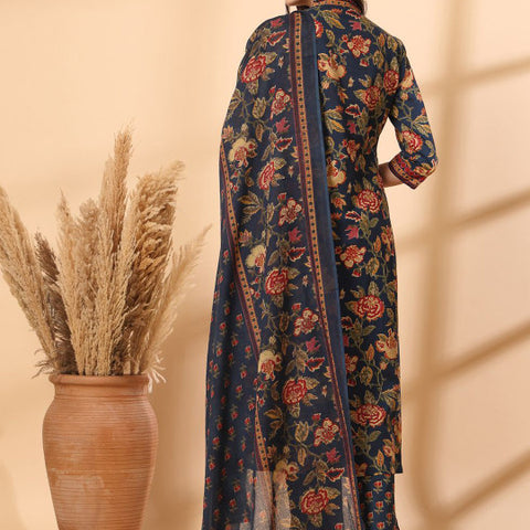 Ebbani Women’s Cotton Floral Blue Kurta Set with Dupatta