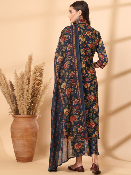 Ebbani Women’s Cotton Floral Blue Kurta Set with Dupatta