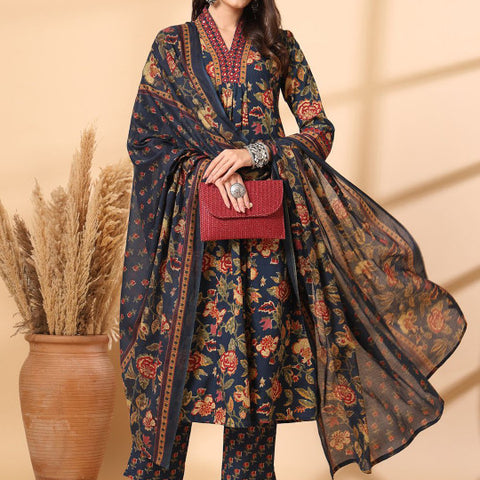 Ebbani Women’s Cotton Floral Blue Kurta Set with Dupatta
