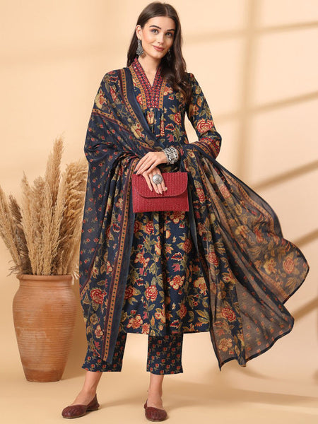 Ebbani Women’s Cotton Floral Blue Kurta Set with Dupatta