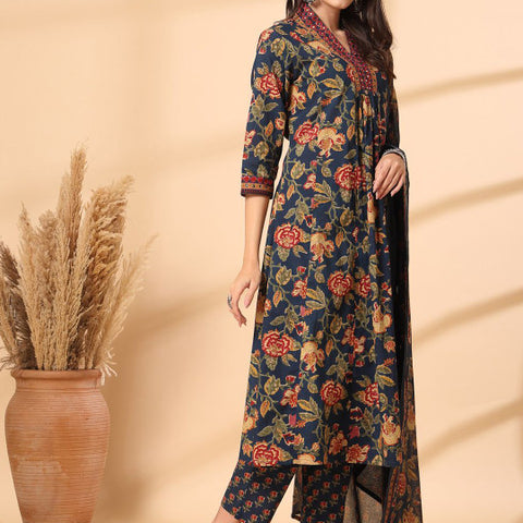 Ebbani Women’s Cotton Floral Blue Kurta Set with Dupatta