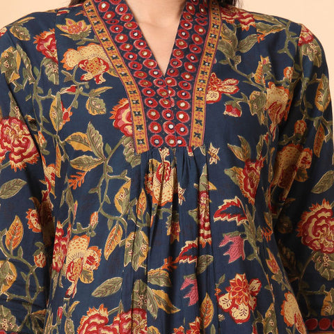 Ebbani Women’s Cotton Floral Blue Kurta Set with Dupatta