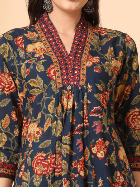 Ebbani Women’s Cotton Floral Blue Kurta Set with Dupatta
