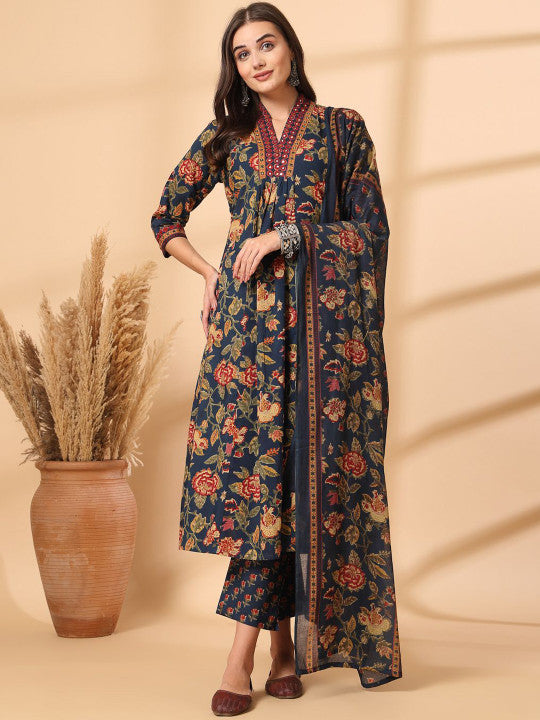 Ebbani Women’s Cotton Floral Blue Kurta Set with Dupatta